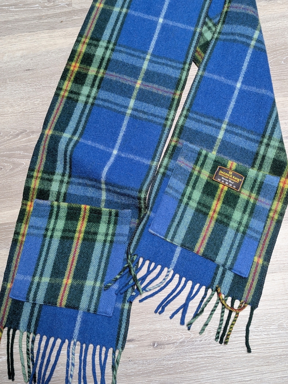 Patrick King Merino Wool Mens Scarf Blue Plaid Tartan Pockets